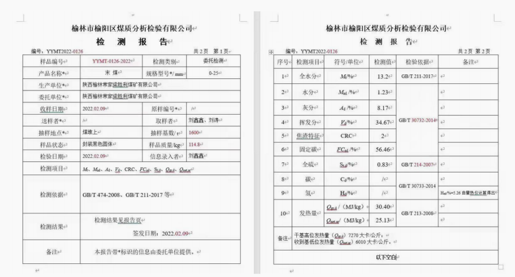 榆林市常家梁胜利煤矿末煤化验指标​